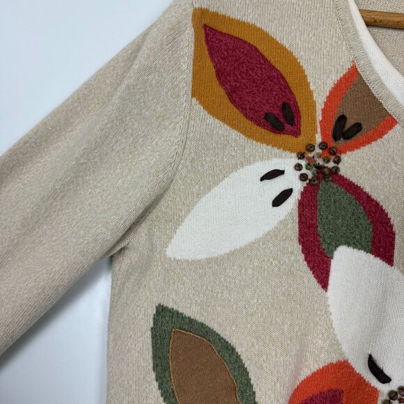 Vtg Alfred Dunner V-Neck Knit Sweater Medium Bold Floral Beaded Embellishments - Picture 4 of 9